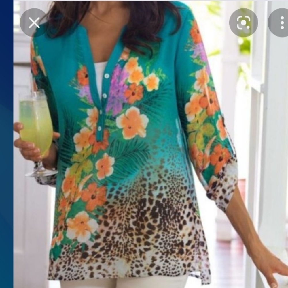 Soft Surroundings (Size M) Multicolored Floral/Animal Print V-Neck Button Tunic
